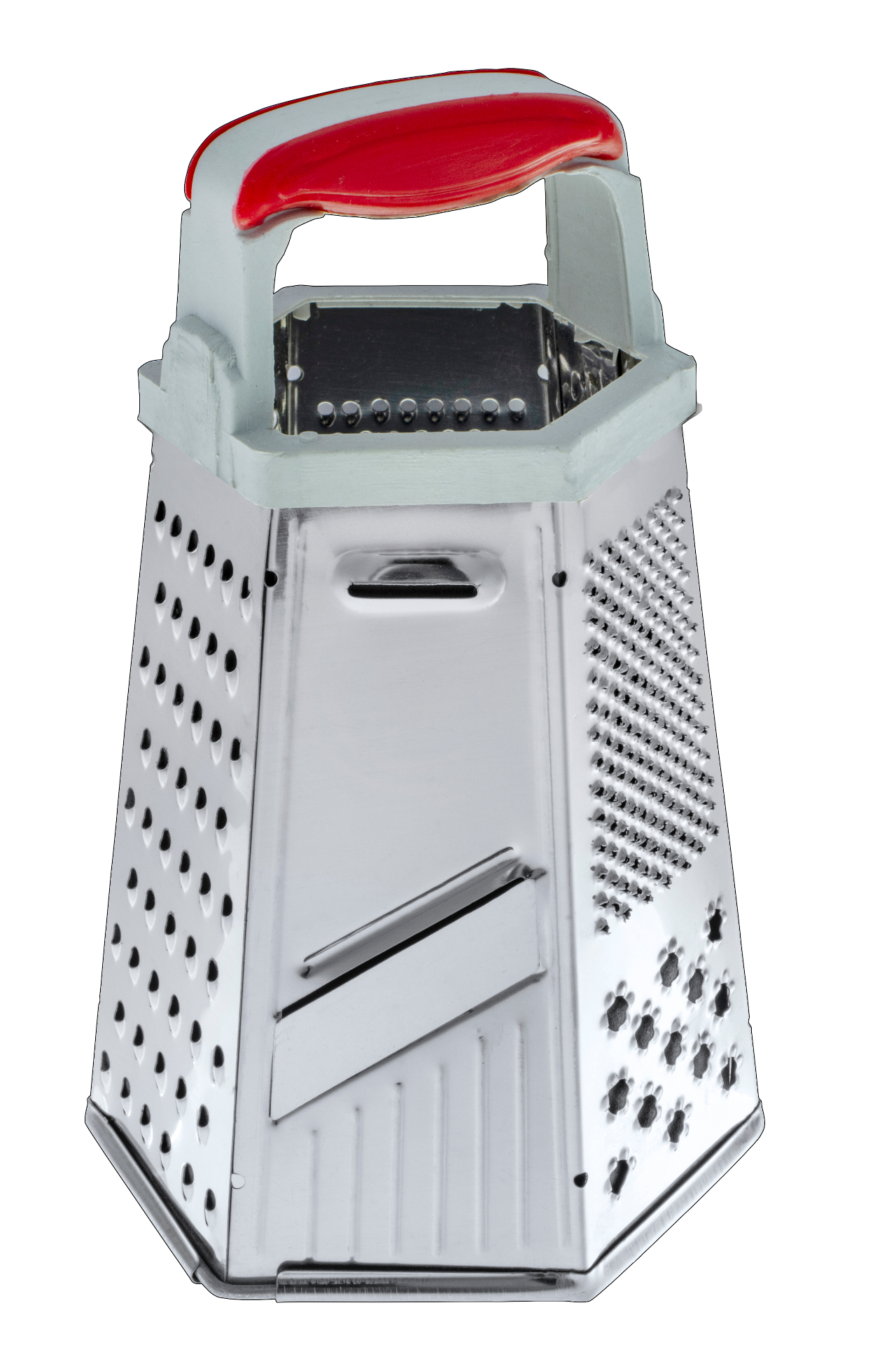 Tulsi Grater — front view with red soft-grip handle and multi-face hexagonal body