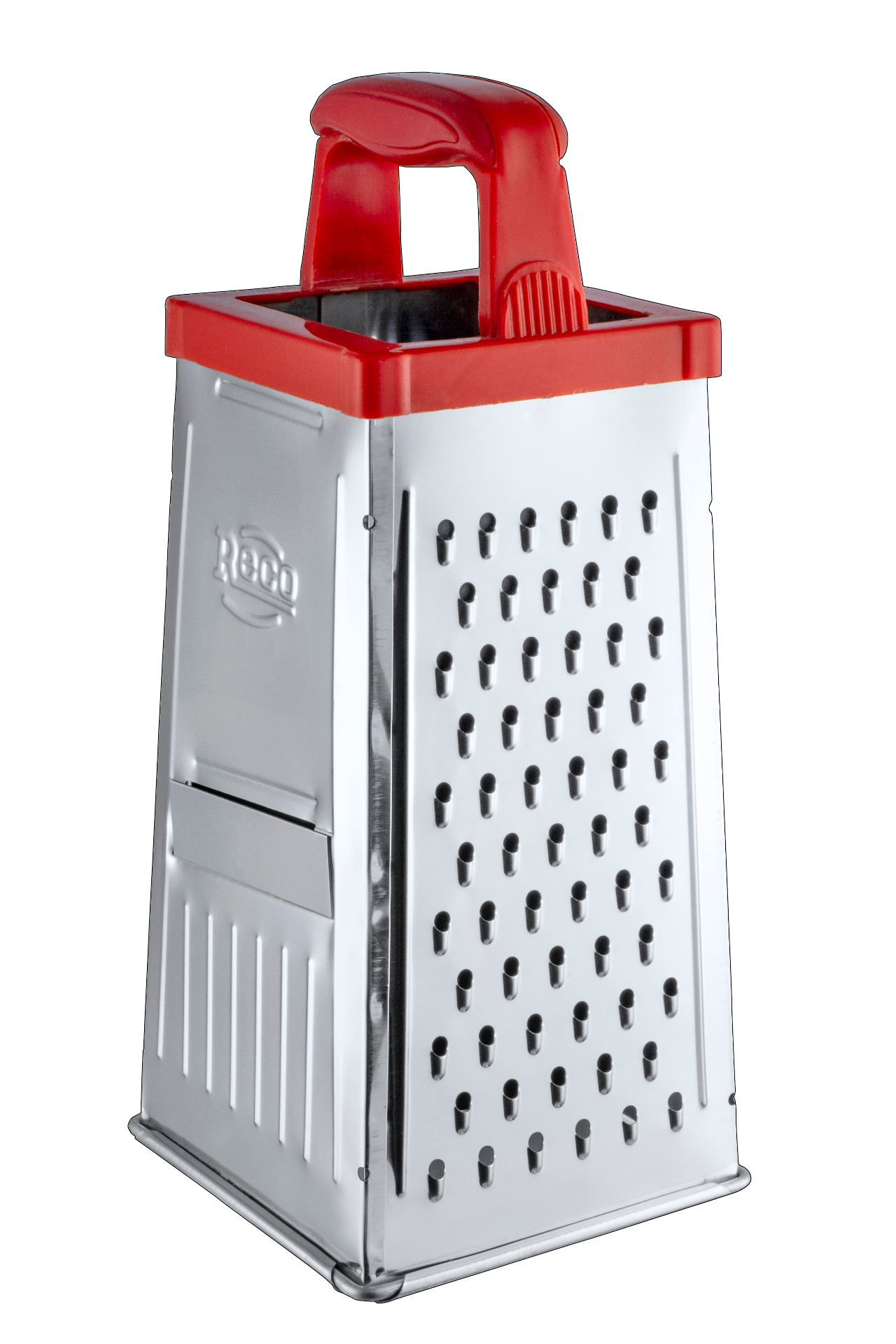 Famous Grater — front view with red top handle, slicer face and RECO branding