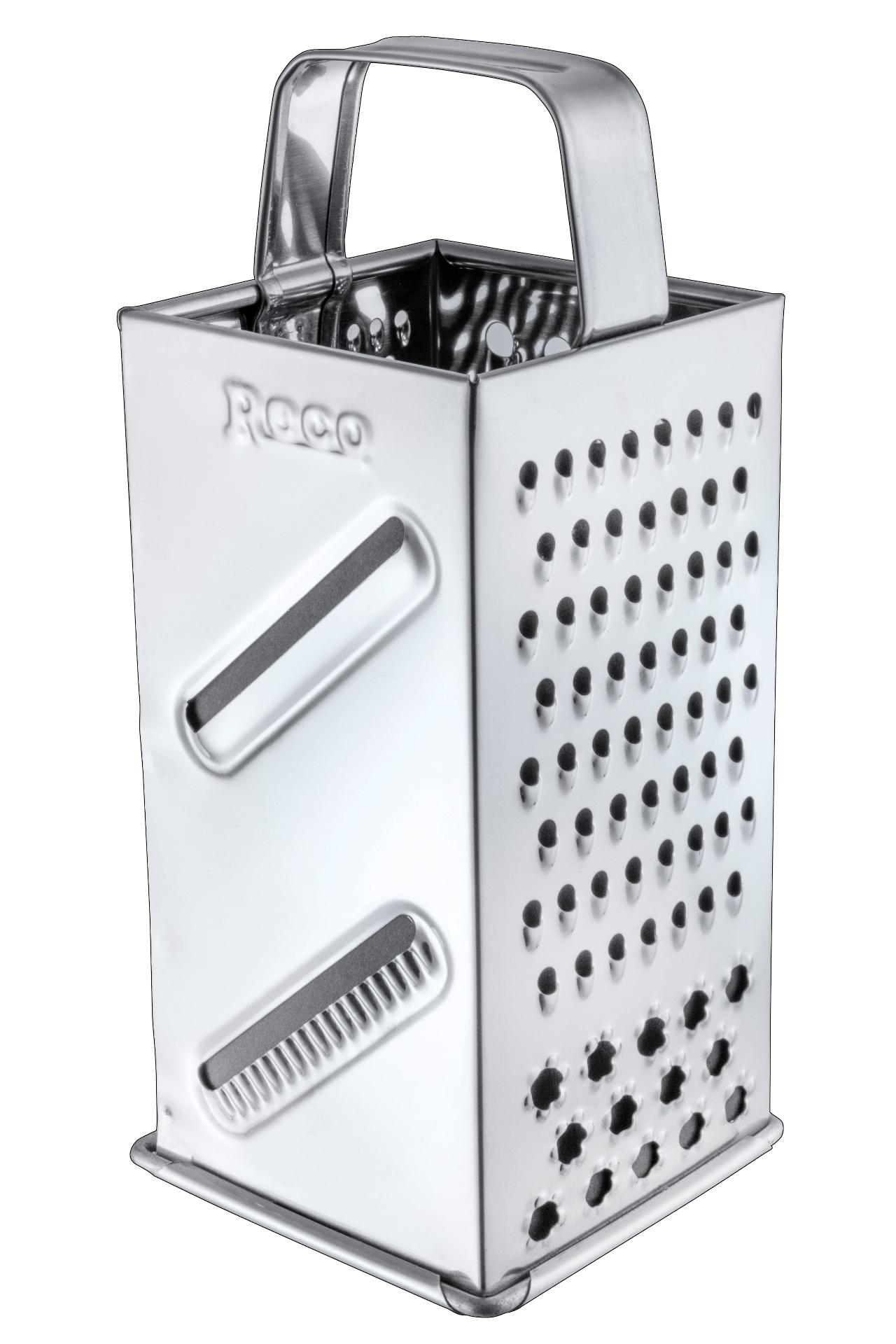 RECO 8 in 1 Grater — front view with slicer slots and Reco emboss